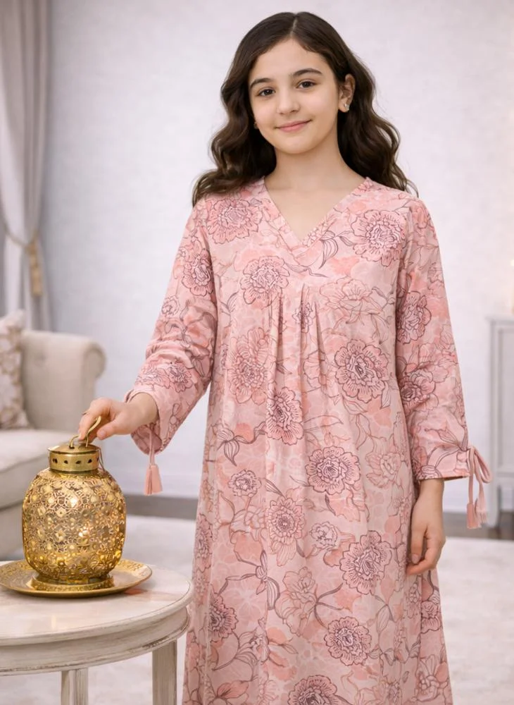 Artemea Girls Pink Floral Jalabiya with Gathered Front & Tassel Sleeves – Ankle Length Modest Dress